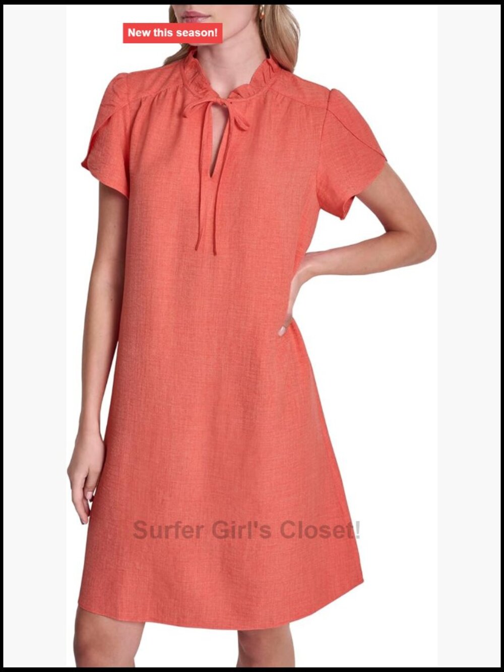 Front Tie Ruffle Neckline Trapeze Dress Short Sleeve Shift